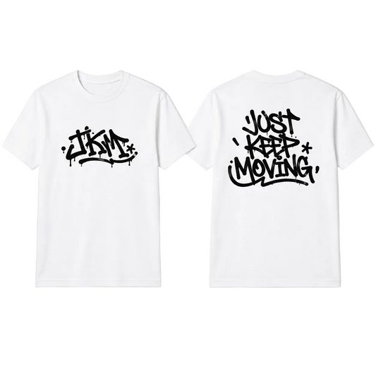 JKM “Just Keep Moving” Graffiti Tee – White / Black